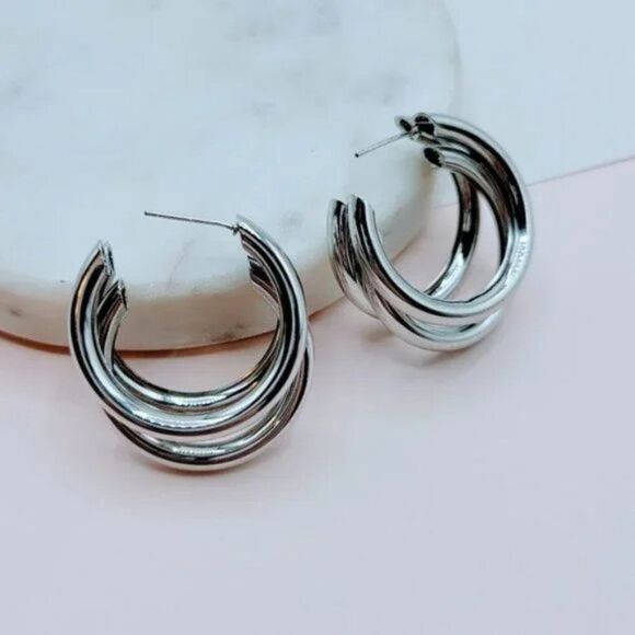 5/$25 Silver Color Triple Hoop Statement Earrings - Picture 7 of 8